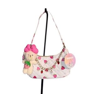 Under One Sky Quilted Strawberry Shoulder Bag + Plushie Bear Keychain
